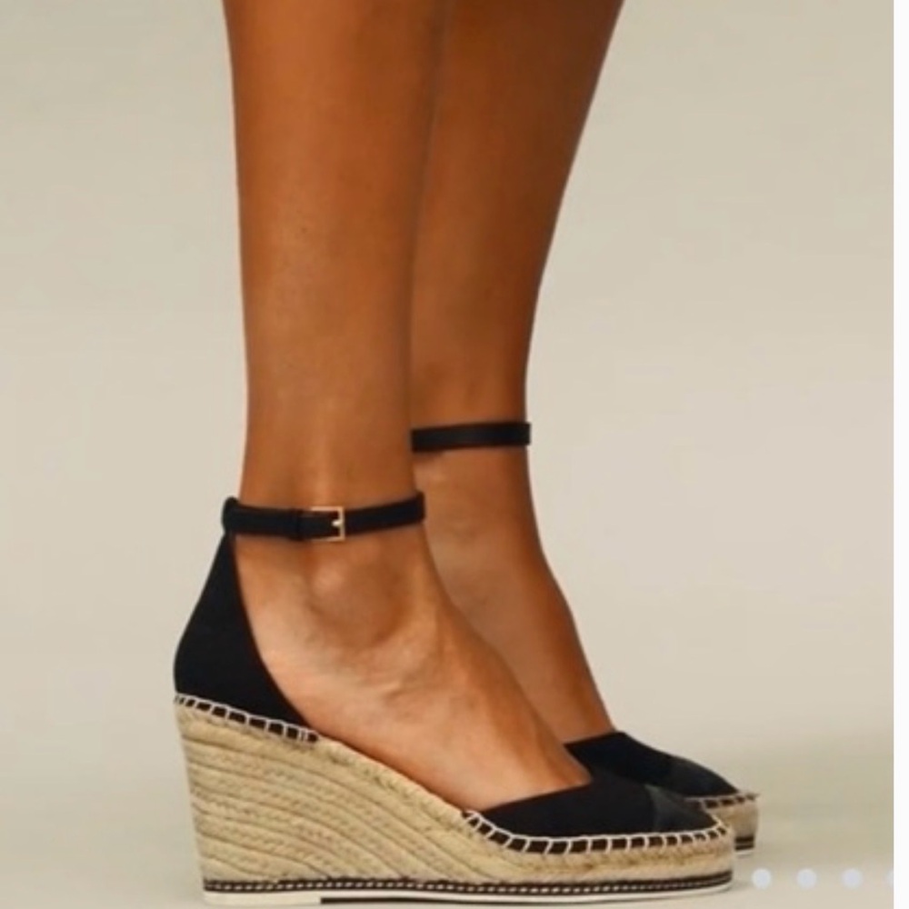 Tory Burch color block Black Espadrille Wedge Sandals